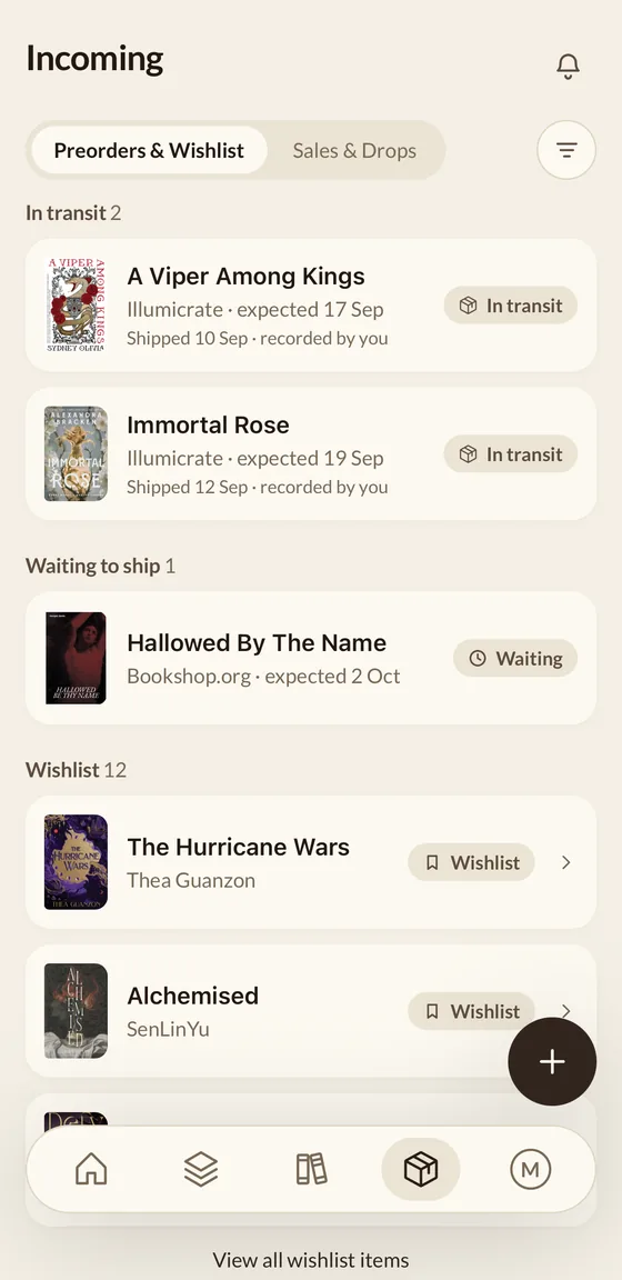 The Incoming screen in Cratelog: two preorders in transit with their expected dates, one waiting to ship, and the start of a twelve-book wishlist.