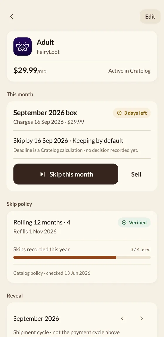 A subscription in Cratelog: September's box charges on the sixteenth with three days left to skip, and the policy below it showing three of four skips used this year.